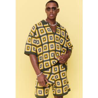 Mens Khaki Oversized Boxy Crochet Knitted Polo