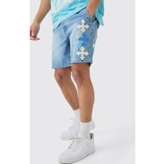 Mens Slim Rigid Applique Denim Shorts In Light Blue