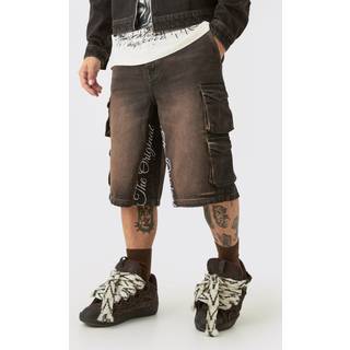 Mens Embroidered Denim Cargo Jorts In Brown