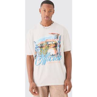 Mens Sand Oversized Washed Paint Landscape Print T-shirt