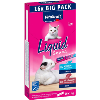Vitakraft Cat Liquid Snack Multipack, Lever og Laks - 16x15 g.