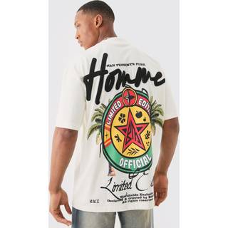 Mens White Oversized Extended Neck Printed Homme Embroidered T-shirt
