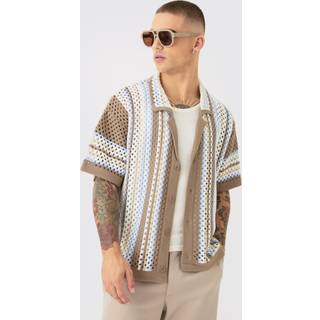 Mens Blue Oversized Boxy Revere Open Knit Stripe Shirt