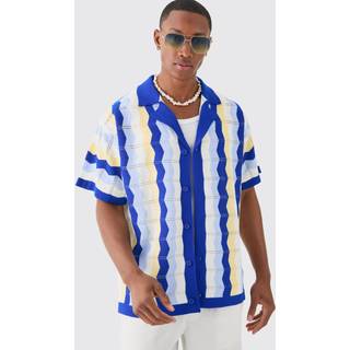 Mens Oversized Boxy Revere Open Knit Stripe Shirt In Blue