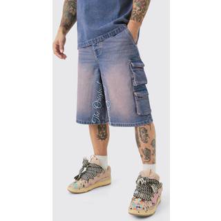 Mens Embroidered Denim Cargo Jorts In Pink
