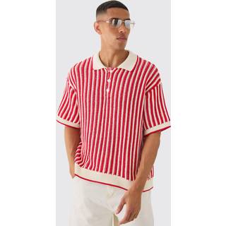 Mens Red Oversized Boxy Stripe Open Stitch Polo