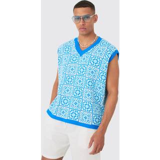 Mens Blue Oversized V Neck Crochet Knitted vest