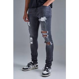 Mens Grey Skinny Stretch Stacked White Pu Biker Rip & Repair Jeans