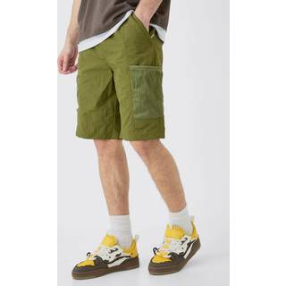 Mens Khaki Tall Elasticated Waist Mesh Pocket Utility Shorts