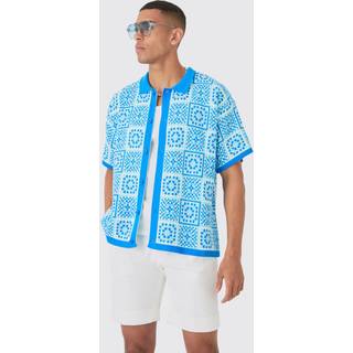 Mens Blue Oversized Boxy Crochet Knitted Shirt