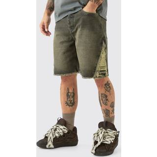 Mens Antique Wash Relaxed Rigid Extreme Side Ripped Denim Short In Antique Grey