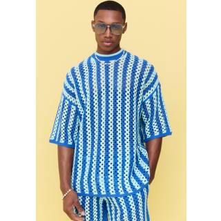 Mens Light Blue Oversized Open Stitch Stripe Knitted T-shirt