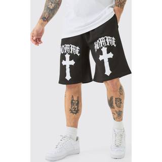 Mens Black Oversized Homme Gothic Cross Print Short