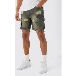 Mens Slim Rigid Ripped Cargo Pocket Denim Short In Antique Grey