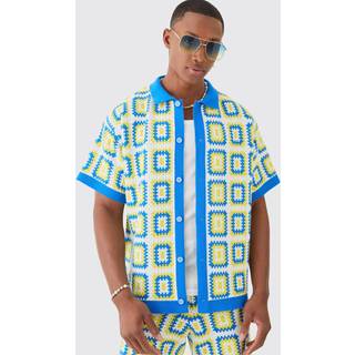 Mens Blue Oversized Boxy Crochet Knitted Shirt