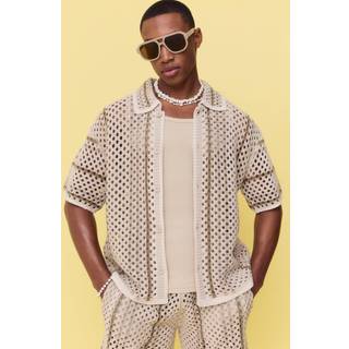 Mens Stone Boxy Oversized Open Stitch Stripe Knit Shirt