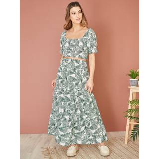 Yumi Yumi Green Voile Palm Leaf Print Ruched Waist Midi Skirt