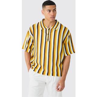 Mens Oversized Boxy Open Stitch Stripe Knit Polo In Yellow