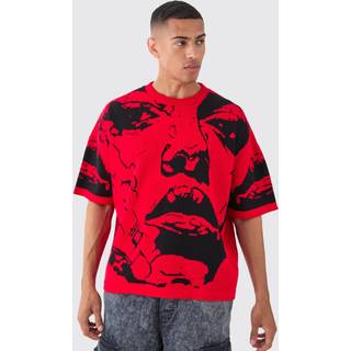 Mens Red Oversized Line Drawing Knitted T-shirt