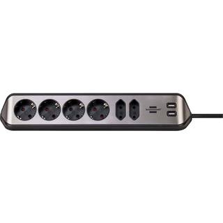 brennenstuhl Estilo 6-vejs hjørnestikdåse med højkvalitets rustfri ståloverflade til køkken og kontor (skrivebordsstik med 4x beskyttende kontaktstik, 2x Euro-stik, inkl. USB-opladningsfunktion) TYPE F