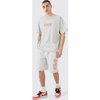 Mens Ash Grey Oversized Contrast Stitch Applique T-shirt & Short Set