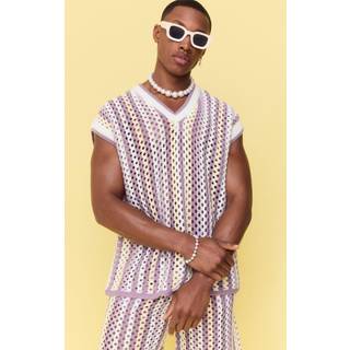 Mens White Boxy Oversized Open Stitch V Neck Strip jumper Vest