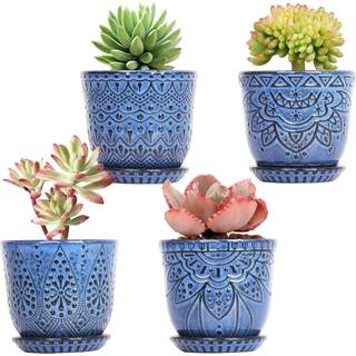 Gepege Succulent Pots 4 tommer lille indendørs keramisk planterpotte med dræningshuller og tallerkener til planter - cremet hvid - sæt på 4