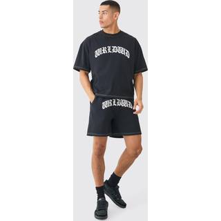 Mens Black Oversized Boxy Contrast Stitch Puff Print T-shirt & Short Set