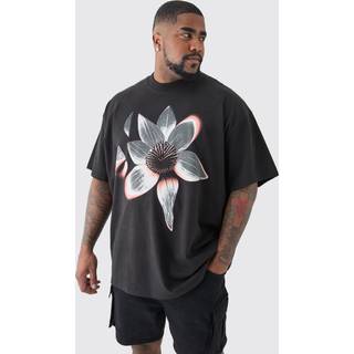 Mens Black Plus Oversized Extended Neck Abstract Floral Print T-shirt