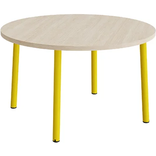 Bord Add 590, Ø1200 mm, højde 720 mm, hvidpigmenteret eg laminat på gult stel