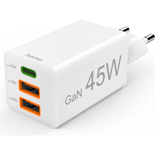 Hama Fast charger, GaN, 1x USB-C, 2x USB-A, mini charger, PD, 45 W white
