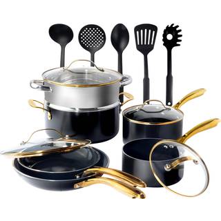 Gotham Steel 15-delt keramisk non-stick gryder og pander sæt - giftfri, opvaskemaskinesikker, sort og guld