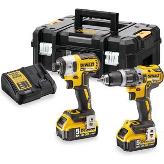 DEWALT 18V sæt med 2 maskiner Slagbore-/skruemaskine (DCD796N) Li-Ion, 18V, 70 Nm + Slagskruetrækker (DCF887N) Li-Ion, 18V, 205 Nm +2x batterier Li-Ion, 18V, 5Ah + oplader + Kuffert