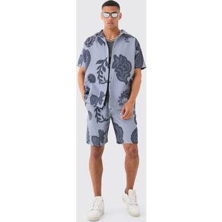 Mens Grey Oversized Paisley Tonal Printed Pleated Shirt & Short Set