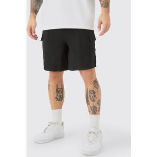 Mens Black Linen Look Pin Tuck Elasticated Waist Cargo Relaxed Shorts