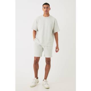 Mens Ecru Oversized Striped Textured T-shirt & Short Set