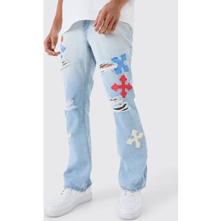 Mens Slim Rigid Flare Applique Jeans In Ice Blue