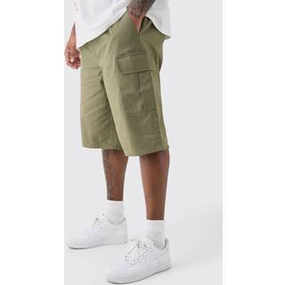 Mens Khaki Plus Elasticated Waist Relaxed Fit Cargo Longline Shorts