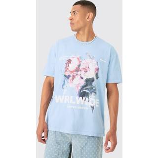 Mens Dusty Blue Oversized Painted Floral Print T-shirt
