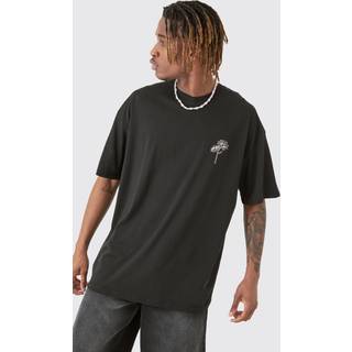 Mens Tall Oversized Stencil Floral Embroidered T-shirt In Black