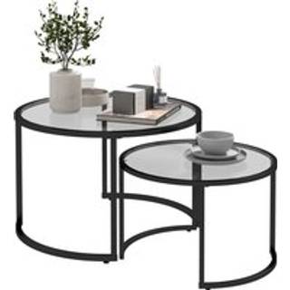 HOMCOM Round Coffee Table Nesting side Table Set of 2 Round Side Tables with Painted Steel Frame & Tempered Glass Surfaces, Black Aosom UK