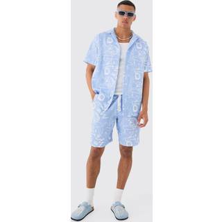Mens Light Blue Oversized Graffiti Printed Pleated Shirt & Short
