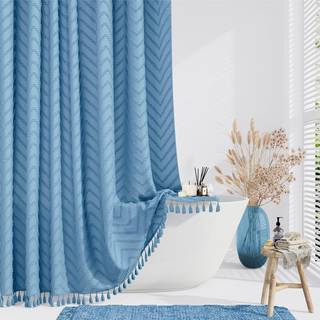 Dynamene Boho Farmhouse Bruser Gardin Moonlight Blue Fabric Tufted Chevron Striped struktureret kvast bruseforhæng til badeværelse lurvet chic va