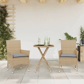 Bistrosæt Til Haven 3 Dele Med Hynder Polyrattan Og Glas Beige - beige og grå / Armlæn i rattan
