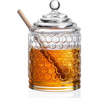 Royalty Art Glass Honey Pot med Beehive Lid and Wooden Dipper 3 PC. S?t dekorativt k?kkentilbeh?r og dispenser honningkage -glasudviklet og vaskb