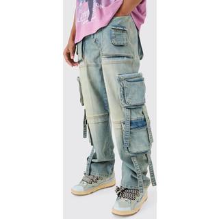 Mens Baggy Rigid Multi Pocket Cargo Strap Denim Jean In Light Blue