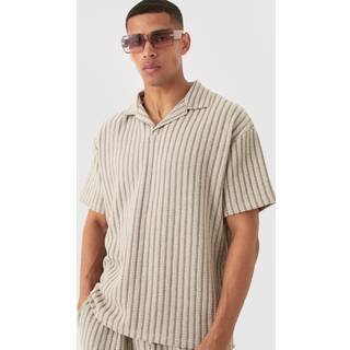 Mens Stone Oversized Striped Textured Revere Polo