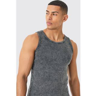 Mens Charcoal Muscle Fit Acid Wash Ribbed Vest