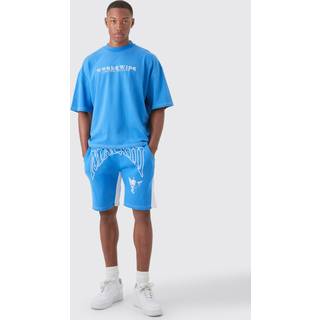 Mens Blue Oversized Boxy Contrast Stitch Embroidered T-shirt & Short Set