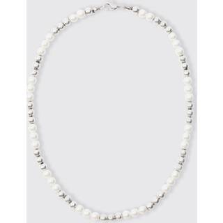 Mens Silver Metal Bead And Pearl Necklace